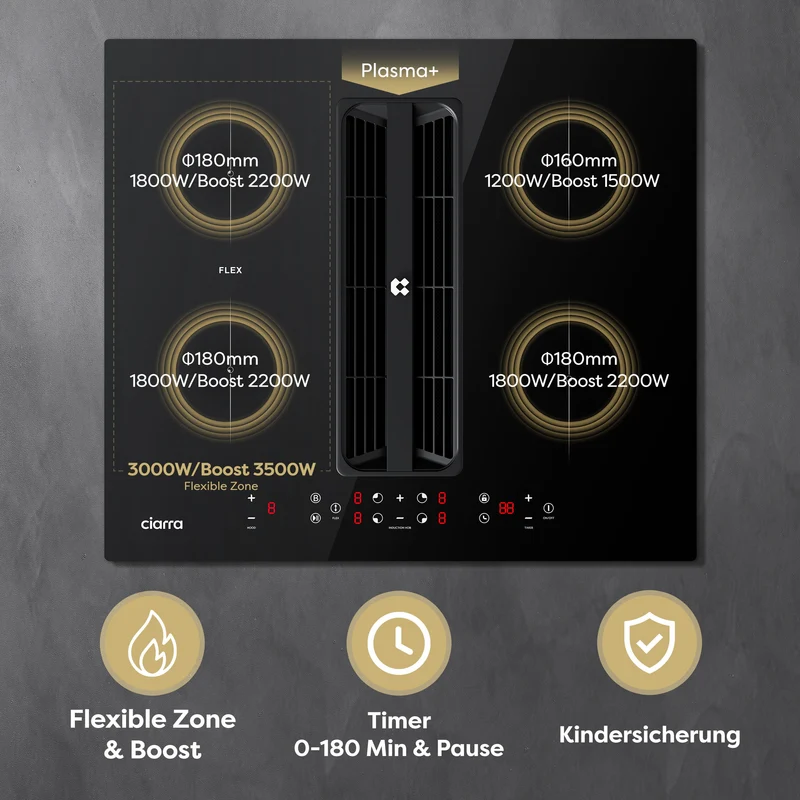 Ciarra ONE Induktions-Abzugskochfeld Kompakt 590 mm mit integriertem Plasma⁺-System und Boost und Flexzone CBBEH594BBF-OW