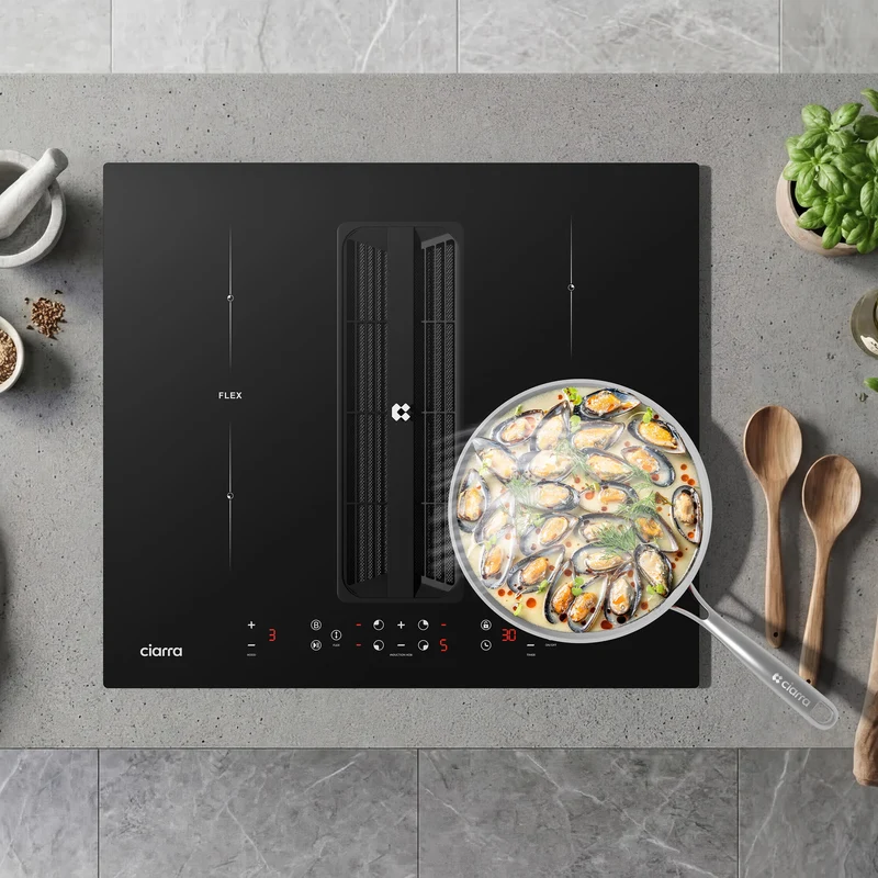 Ciarra ONE Induktions-Abzugskochfeld Kompakt 590 mm mit integriertem Plasma⁺-System und Boost und Flexzone CBBEH594BBF-OW