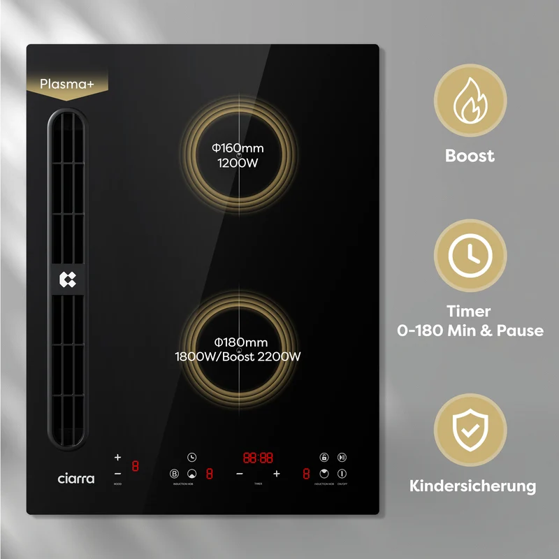 Ciarra ONE Induktions-Abzugskochfeld Domino 390 mm mit integriertem Plasma⁺-System und Boost CBBEH392B-OW