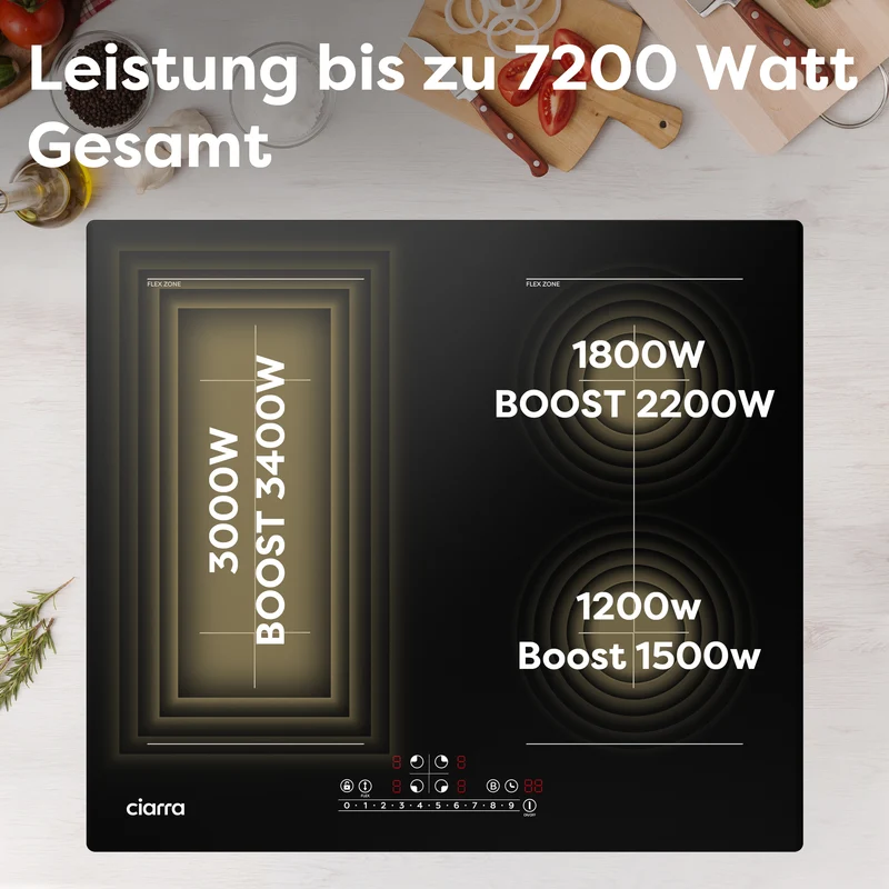 CIARRA 4 Zonen Einbau-Induktionskochfeld mit Zwei Flexzonen und Booster 7200W | CBBIH4BFF