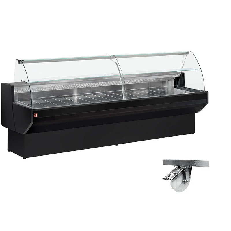 Refrigerated display counter, curved glass with storage space - BLACK + Option: Frame on 4 wheels, 2 with brakes - ML15/B5-R2_C4R-SPEC