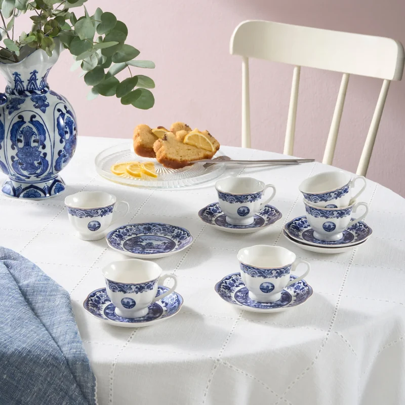 Karaca Old Town 6 Kişilik 12 Parça Bone China Espresso Türk Kahvesi Fincan Takımı, 80 ml, Mavi