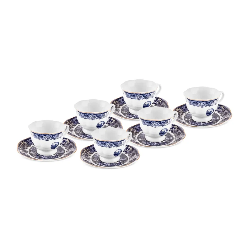 Karaca Old Town 6 Kişilik 12 Parça Bone China Espresso Türk Kahvesi Fincan Takımı, 80 ml, Mavi