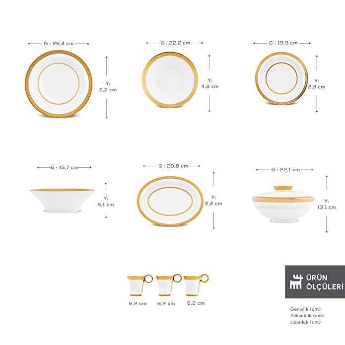 Karaca Royal Bone Charlotte 55 Parça 12 Kişilik Yemek Takımı Gold