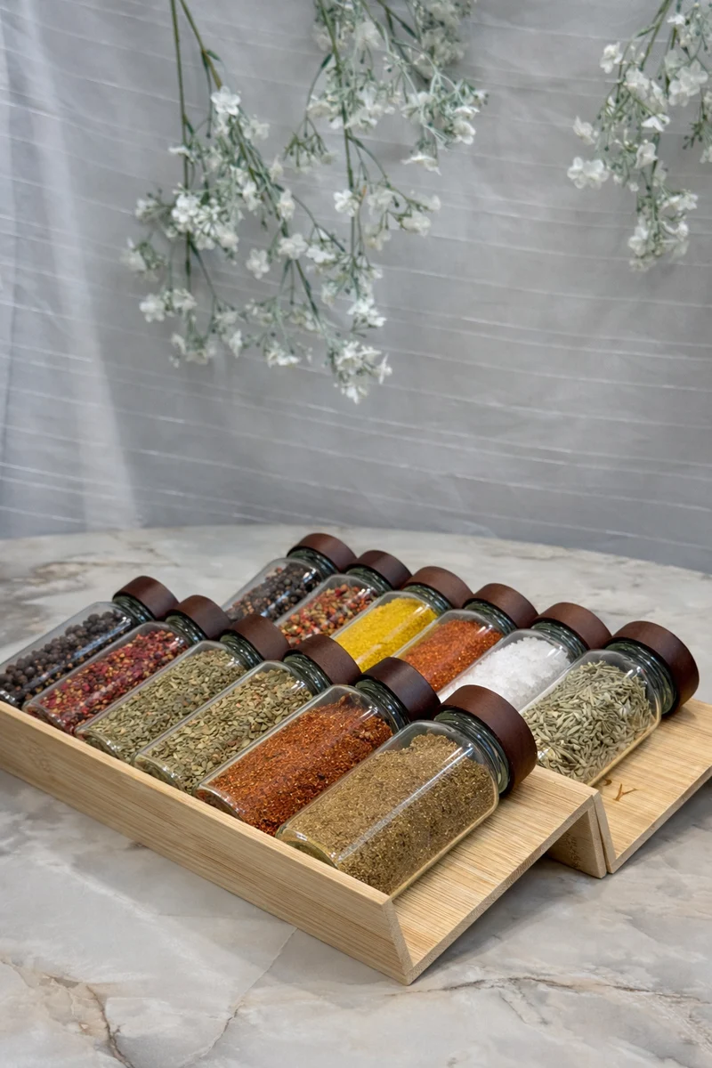 Bavary Baharatlık Standı – 12'li Set adet – Kavanoz met Deksels - with Wooden Stand