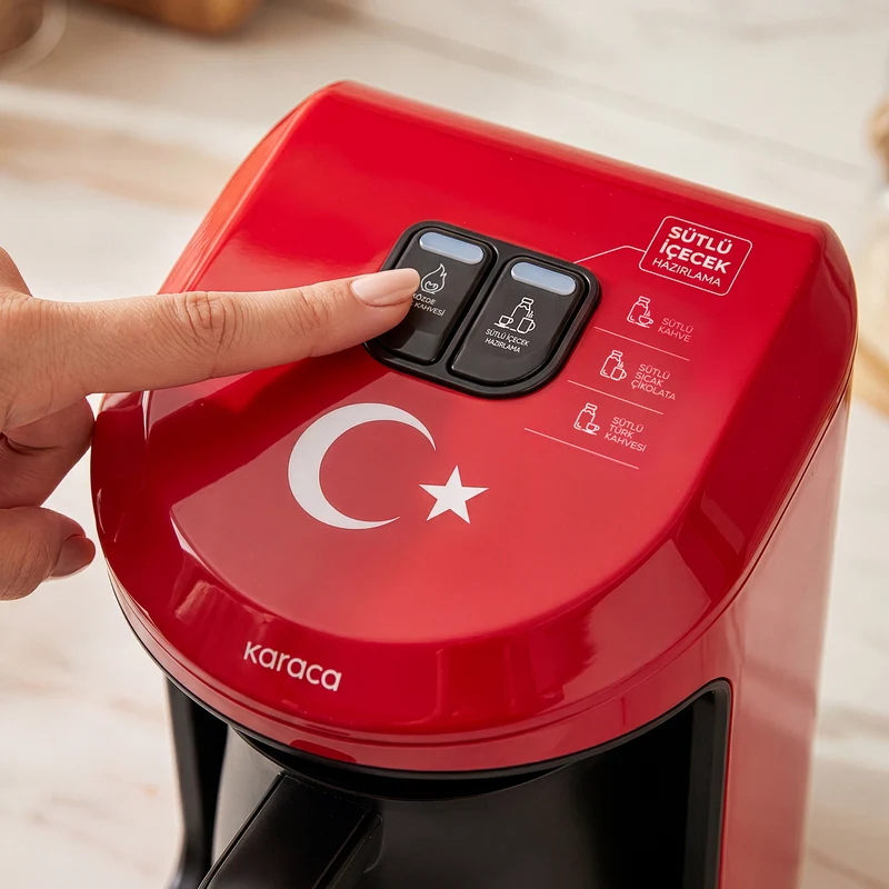 Karaca Hatır Hüps Türkiye – Türkische Kaffeemaschine mit Milchfunktion, 5 Tassen, mit Nationalhymne, Flaggenrot