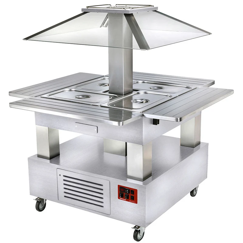 Insel-Wärmebuffet Bain-Marie 4x GN 1/1 mit elektrischem Hustenschutz , Holzdekor Weiß, CBM/4D-A1_KM