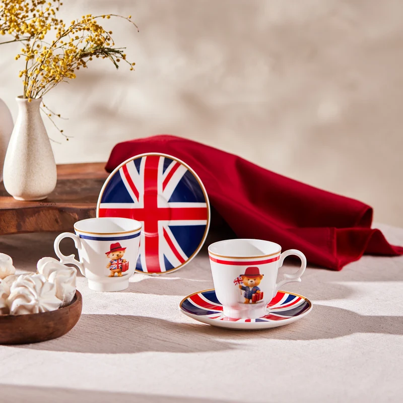 Karaca London 4-teiliges Bone China Espresso-/Türkische Kaffeetassen-Set für 2 Personen, 80 ml, Mehrfarbig