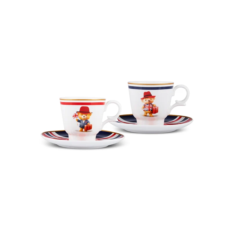 Karaca London 4-teiliges Bone China Espresso-/Türkische Kaffeetassen-Set für 2 Personen, 80 ml, Mehrfarbig
