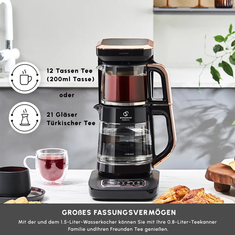 Karaca Çaysever Robotea Pro 4 in 1 Sprechende Automatische Glas-Teemaschine, Wasserkocher und Filterkaffeemaschine 2500W Schwarz Kupfer