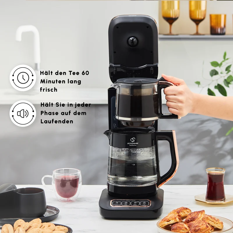Karaca Çaysever Robotea Pro 4 in 1 Sprechende Automatische Glas-Teemaschine, Wasserkocher und Filterkaffeemaschine 2500W Schwarz Kupfer