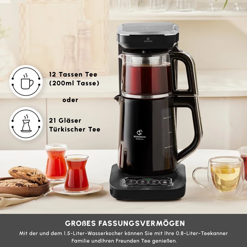 Karaca Caysever Robotea Pro 4 in 1 sprechender automatischer Teekocher Wasserkocher und Filterkaffeemaschine 2500W Chrome