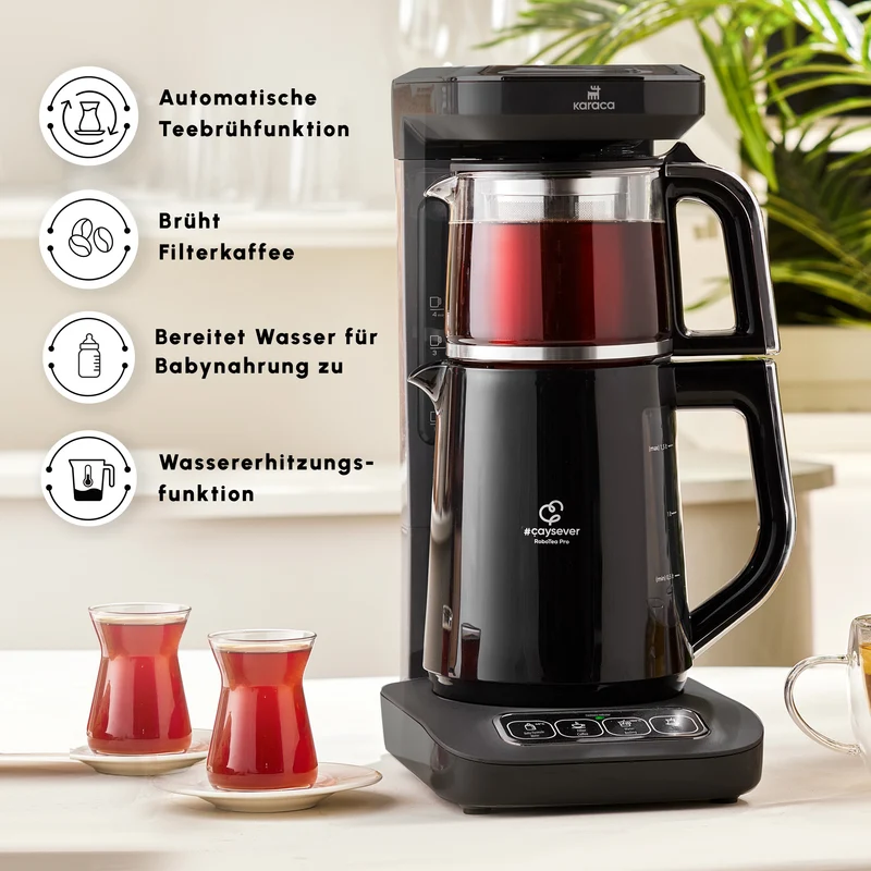 Karaca Caysever Robotea Pro 4 in 1 sprechender automatischer Teekocher Wasserkocher und Filterkaffeemaschine 2500W Chrome