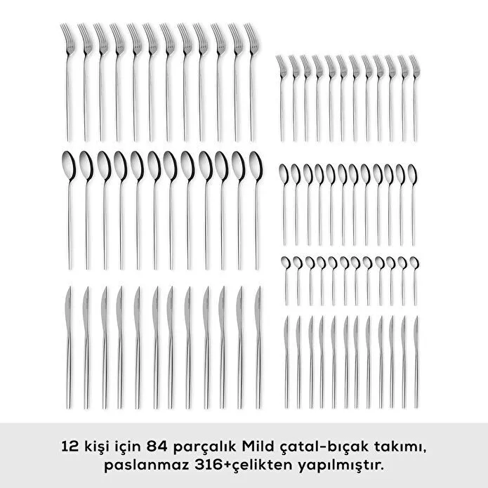 Karaca 316 Premium Mild Platin 12 Kişilik 84 Parça Çatal Kaşık Bıçak Takımı