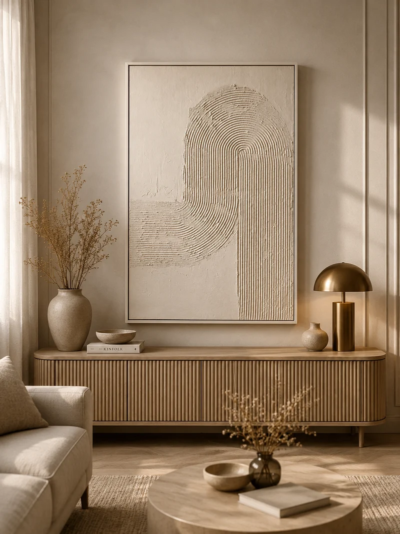 Modern Geometrik Kabartmalı Duvar Tablosu | 80x120 cm | Bej