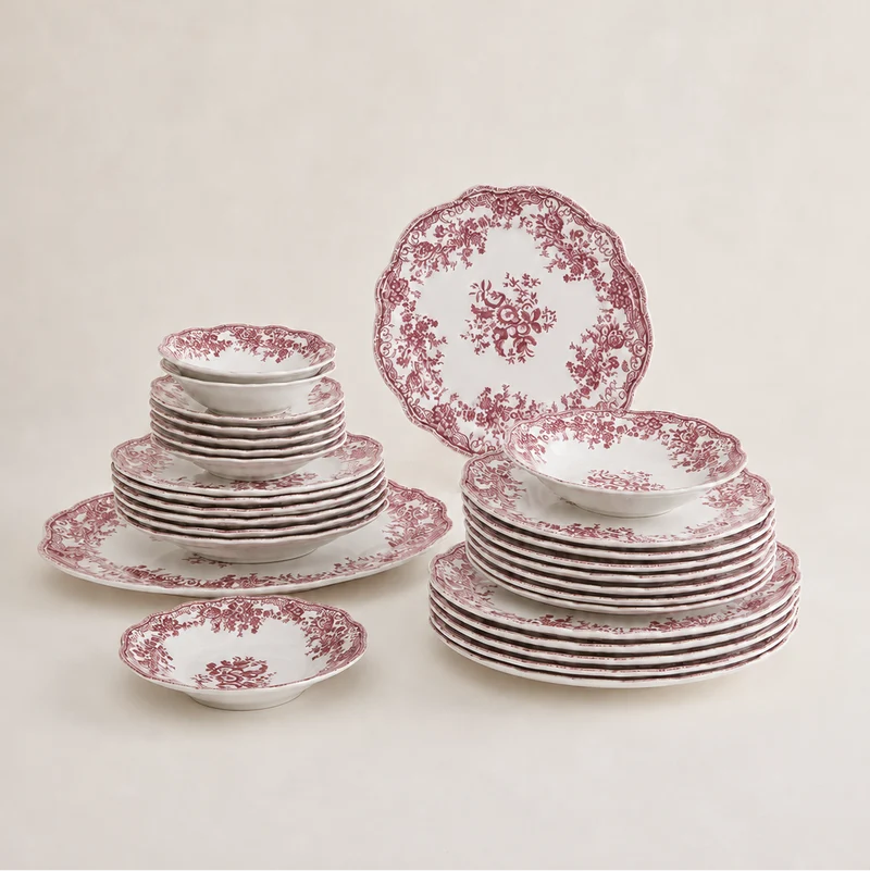 Vintage 25 parça 6 kişilik porselen yemek takımı- Pembe çiçek desenli