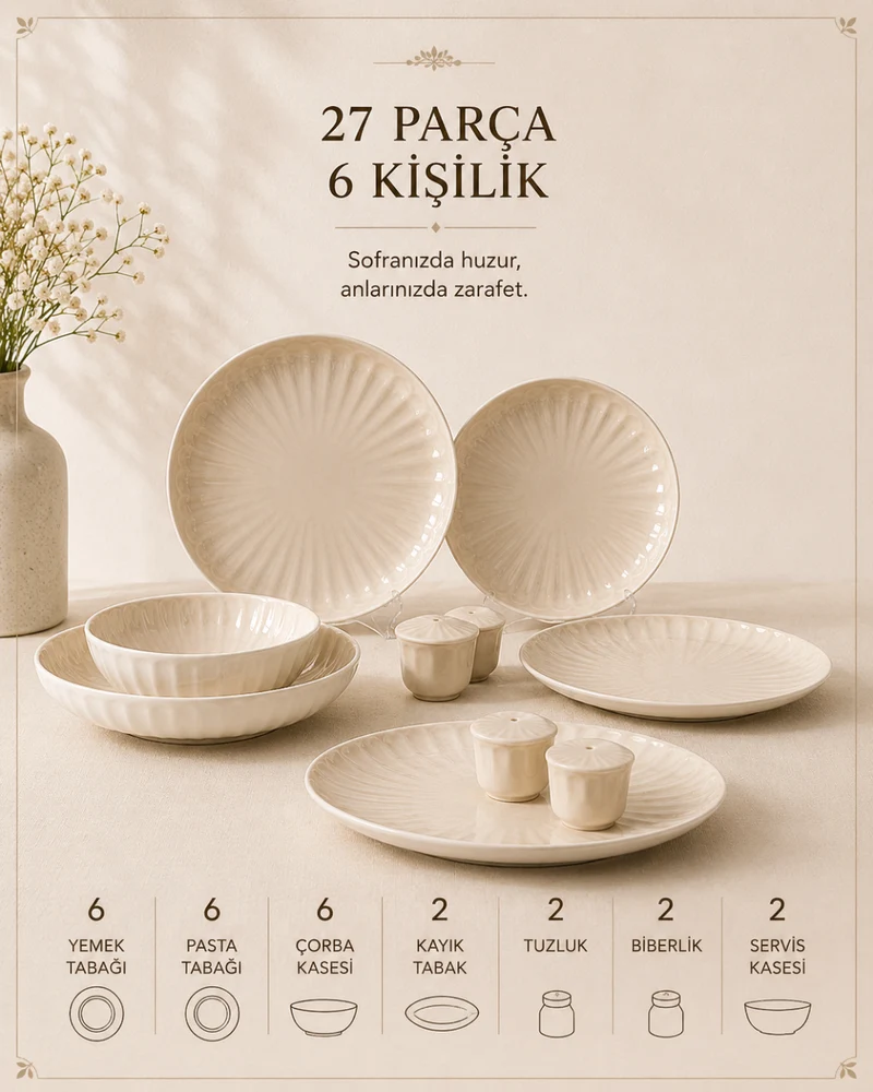 Bricard Remy 27 Parça Porselen Yemek Takımı | Beyaz - Taupe | 6 Kişilik