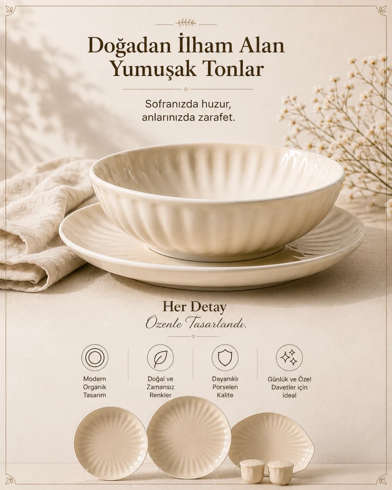 Bricard Remy 27 Parça Porselen Yemek Takımı | Beyaz - Taupe | 6 Kişilik