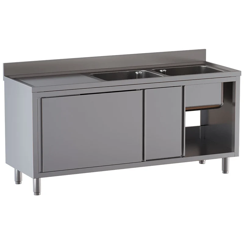 Spültisch mit 2 Becken 500×500×300, Abtropffläche links, auf Unterschrank mit 2 Schiebetüren - L1821/AD-SS8