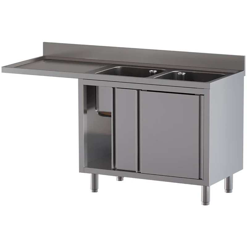 Spültisch mit 2 Becken 400×500×300, Abtropffläche links, auf Unterschrank mit 2 Schiebetüren und Geschirrspülerplatz - L1621/VAD-SS4