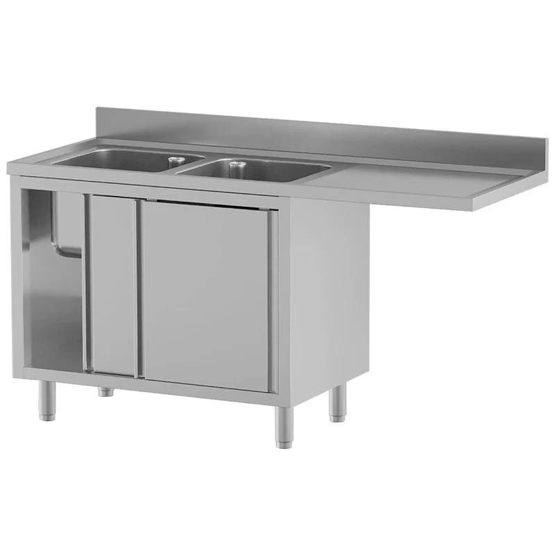 Spültisch mit 2 Becken 400×500×300, Abtropffläche rechts, auf Unterschrank mit 2 Schiebetüren und Geschirrspülerplatz - L1621/VAD-SD4