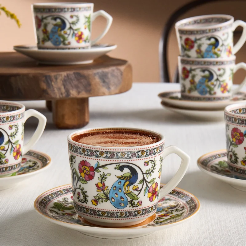 Karaca Yasemen 12-teiliges Bone China Espresso Türkisch-Kaffeetassen-Set für 6 Personen, 80 ml, Mehrfarbig
