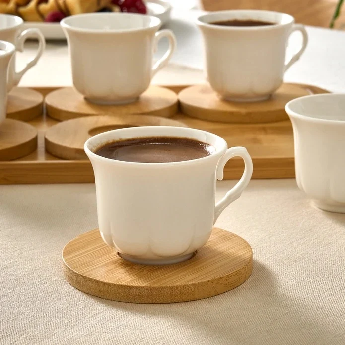 Karaca Bambus-Tablett 6-Personen-Kaffeetassen-Set, 90 ml