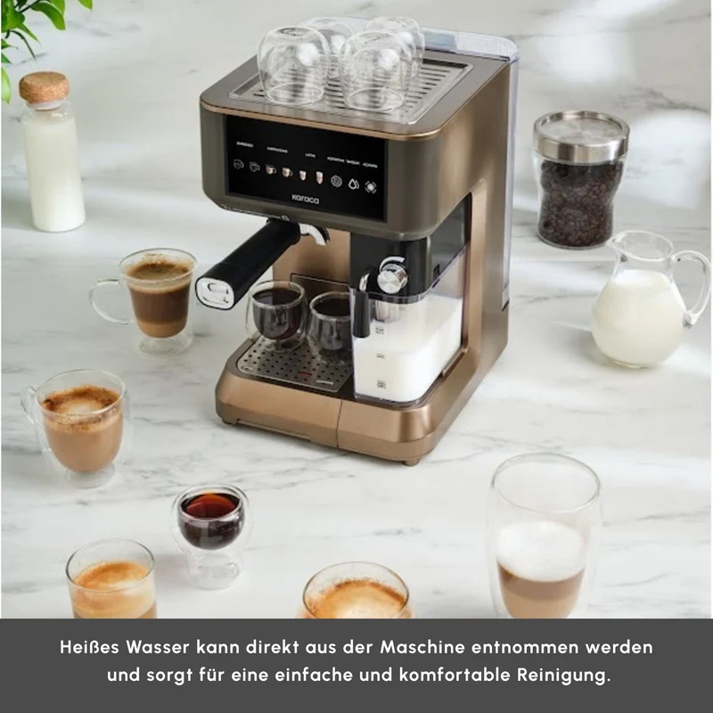Karaca MyCaffe Barista S10 Automatische Siebträger Maschine mit integriertem Milchbehälter – Walnut Brown