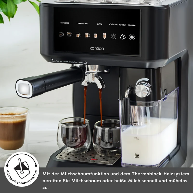 Karaca MyCaffe Barista S10 Automatische Espresso-, Latte- und Cappuccino-Maschine mit integriertem Milchbehälter – Matte Black