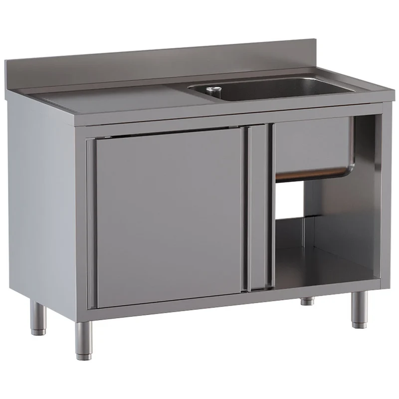 Spültisch mit 1 Becken 600×500×300, Abtropffläche links, auf Unterschrank mit 2 Schiebetüren - L1411/AD-SS6
