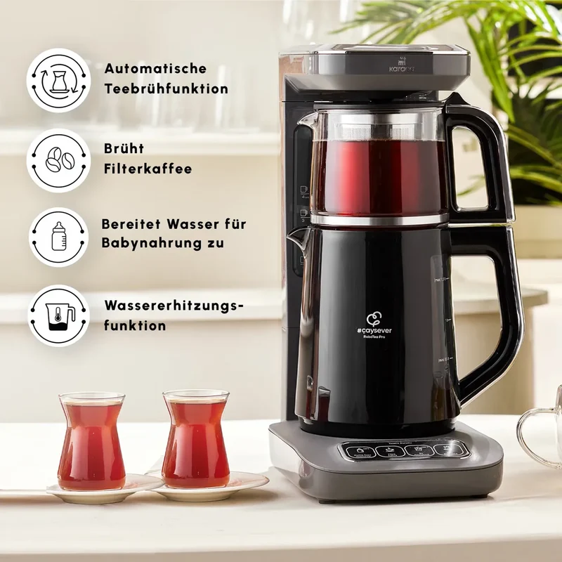 Karaca Çaysever Robotea Pro 4 in 1 Konusan Otomatik Çay Makinesi ve Filtre Kahve Demleme Makinesi Gri