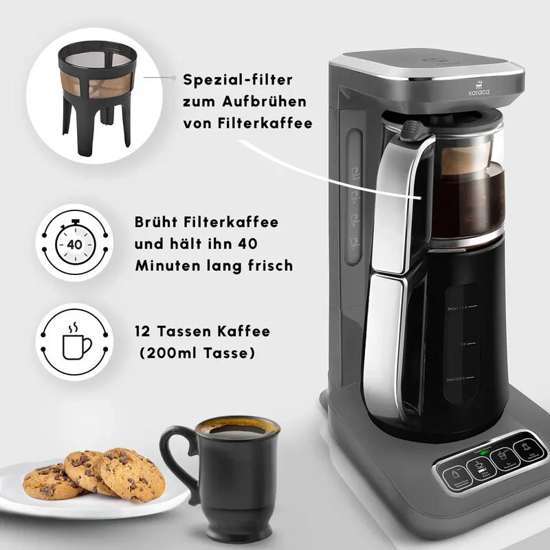 Karaca Çaysever Robotea Pro 4 in 1 Konusan Otomatik Çay Makinesi ve Filtre Kahve Demleme Makinesi Gri
