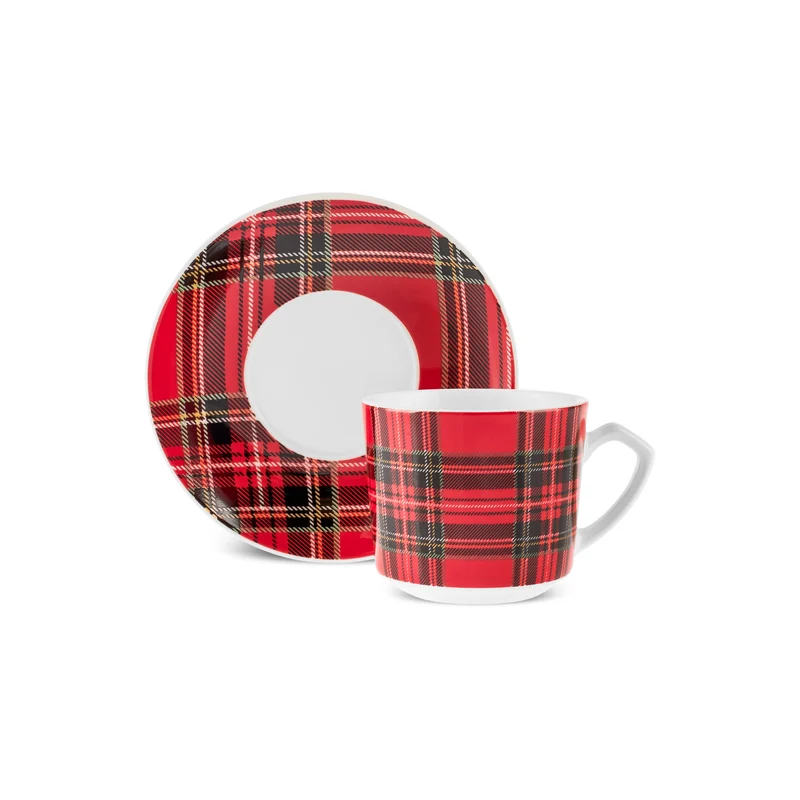 Karaca Ekose V2 4-teiliges Bone China Espresso Türkisch-Kaffeetassen-Set für 2 Personen, 80 ml, Rot