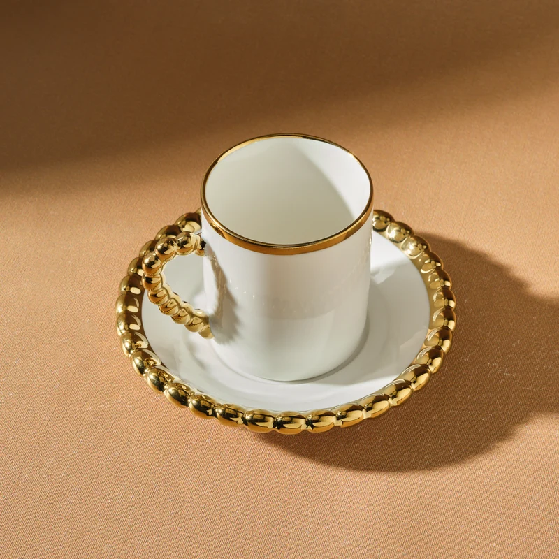 Karaca Boncuk 12-teiliges Bone China Espresso Türkisch-Kaffeetassen-Set für 6 Personen, 80 ml, Weiß Gold
