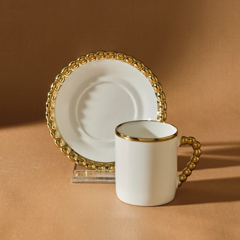 Karaca Boncuk 12-teiliges Bone China Espresso Türkisch-Kaffeetassen-Set für 6 Personen, 80 ml, Weiß Gold