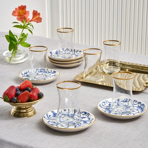 Karaca Mare 12-teiliges Glas-Türkisches Tee-Set für 6 Personen, 170 ml, Transparent