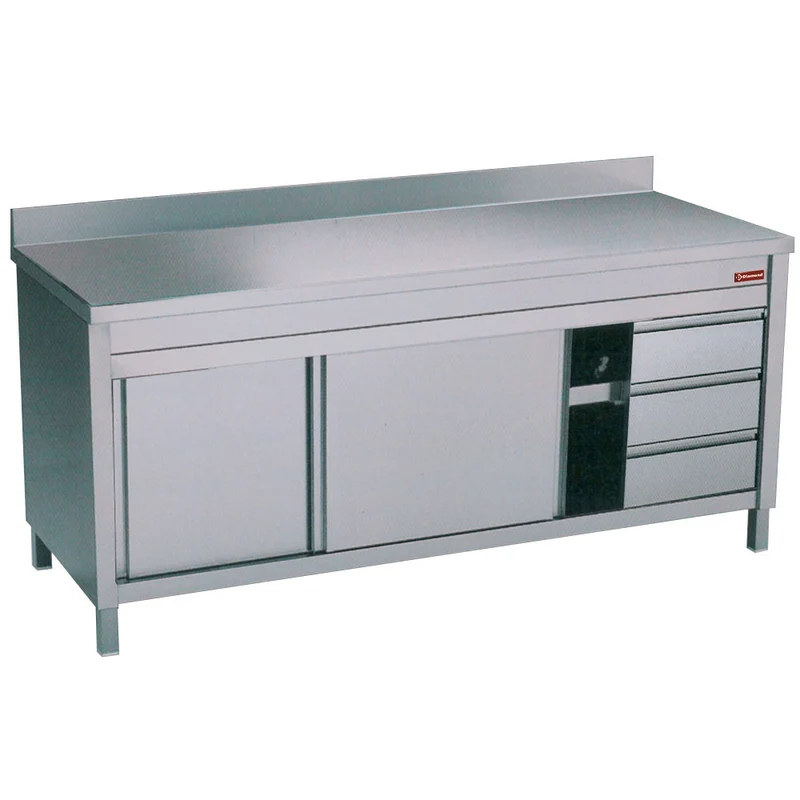 Edelstahl-Arbeitsschrank mit Schiebetüren & 3 GN 1/1 Schubladen , 2000x700 mm, TA207CD/U-D