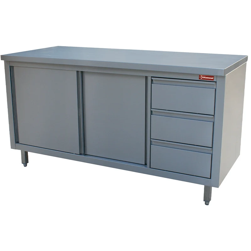 Edelstahl Arbeitsschrank 200 cm , mit 3 Schubladen rechts & Schiebetüren, TA207CD/B