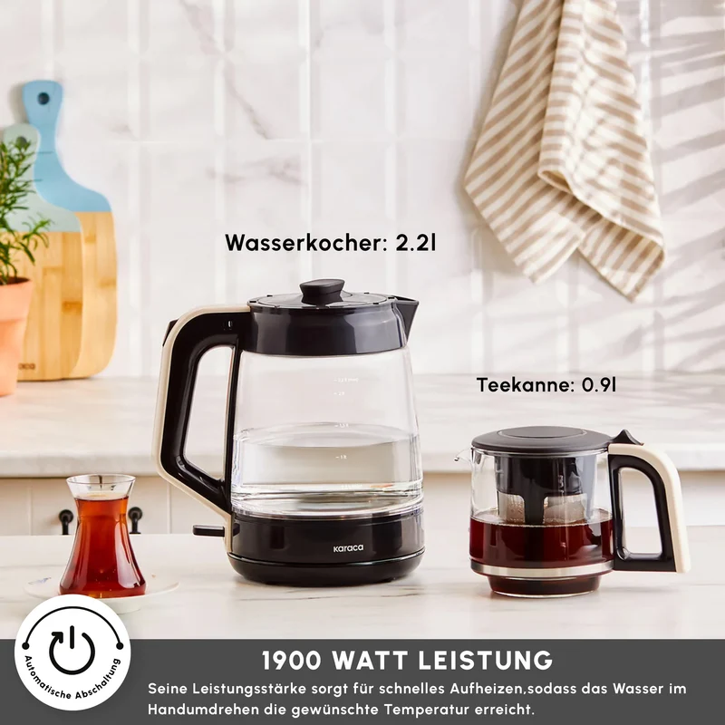 Karaca Glass Tea XL 2in1 Glas-Teezubereiter und Wasserkocher Creme