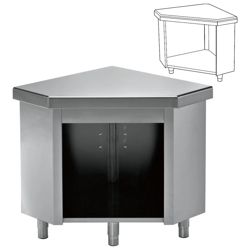 Edelstahl Eck-Arbeitstisch 90° , 800x800 mm , mit Grundboden, S80/AI90