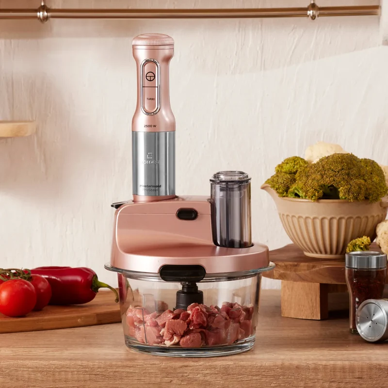 Karaca Mastermaid Küchenroboter aus Stahlglas, Langer Mixer 8 ın 1, 2500 W, Rosegold
