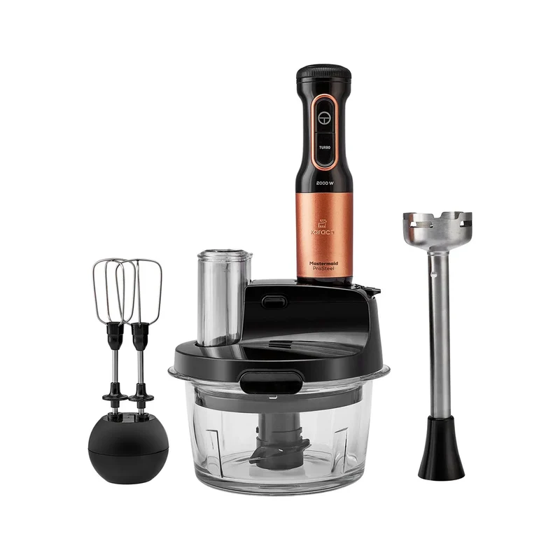 Karaca Mastermaid Küchenroboter aus Stahlglas, Langer Mixer 8 ın 1, 2500 W, Black Copper