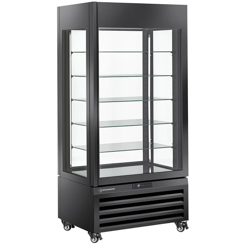 Pralinenvitrine 600 L mit Umluftkühlung , 5 Glasböden , Schwarz, MAX/609-CB