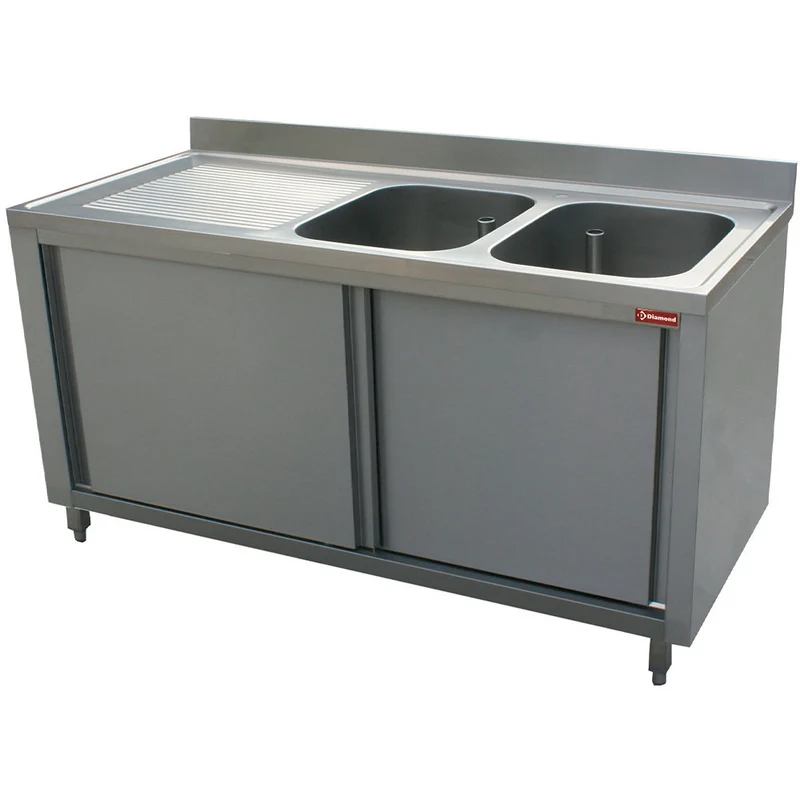 Profi Doppelspültisch mit Unterschrank, 1600 mm, Ablage links, L1621S-AS-D