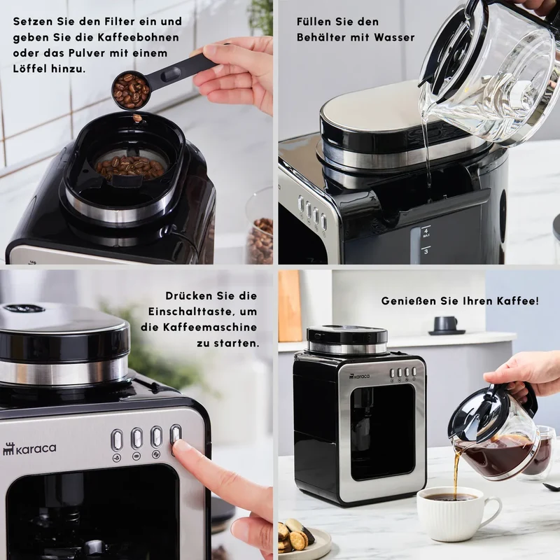 Karaca Grindmaestro Filter-Kaffeemaschine mit Eingebaute Kaffeemühle, 0,5L, 600W, Inox