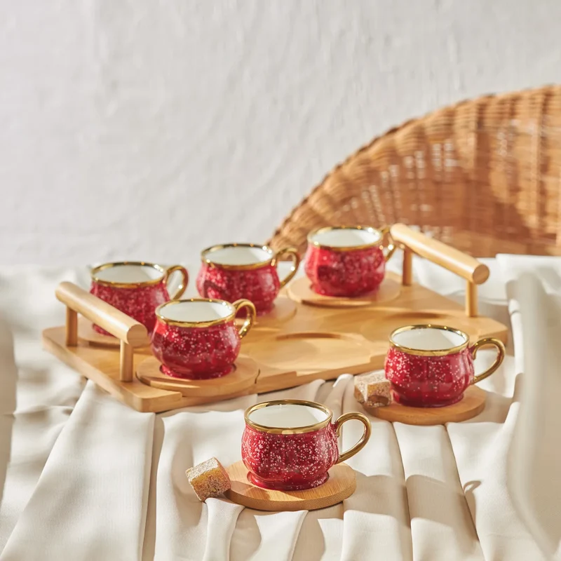 Karaca Bambus Rot Kaffeetassen-Set 90 ml, 6 Personen, mit Tablett