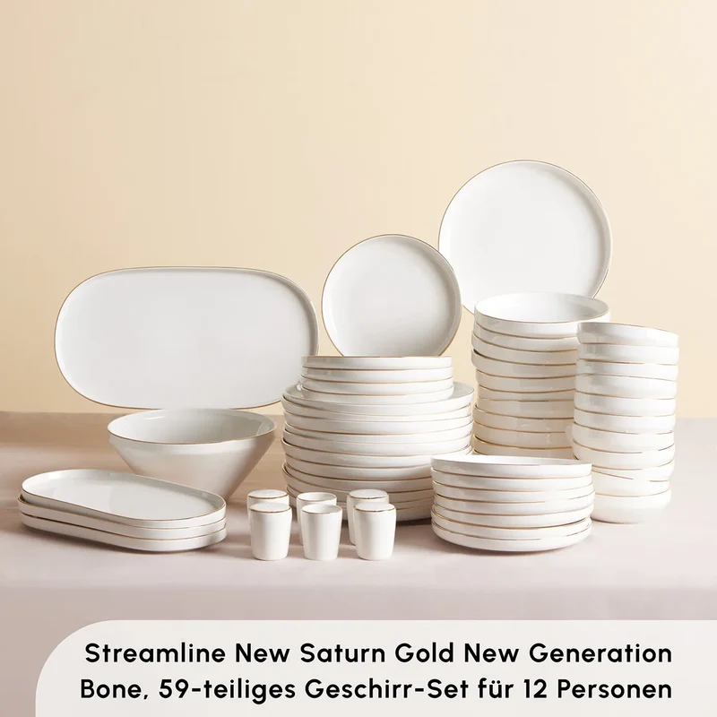 Karaca Stream Bone New Saturn 59-Teiliges 12-Personen Geschirrset Gold