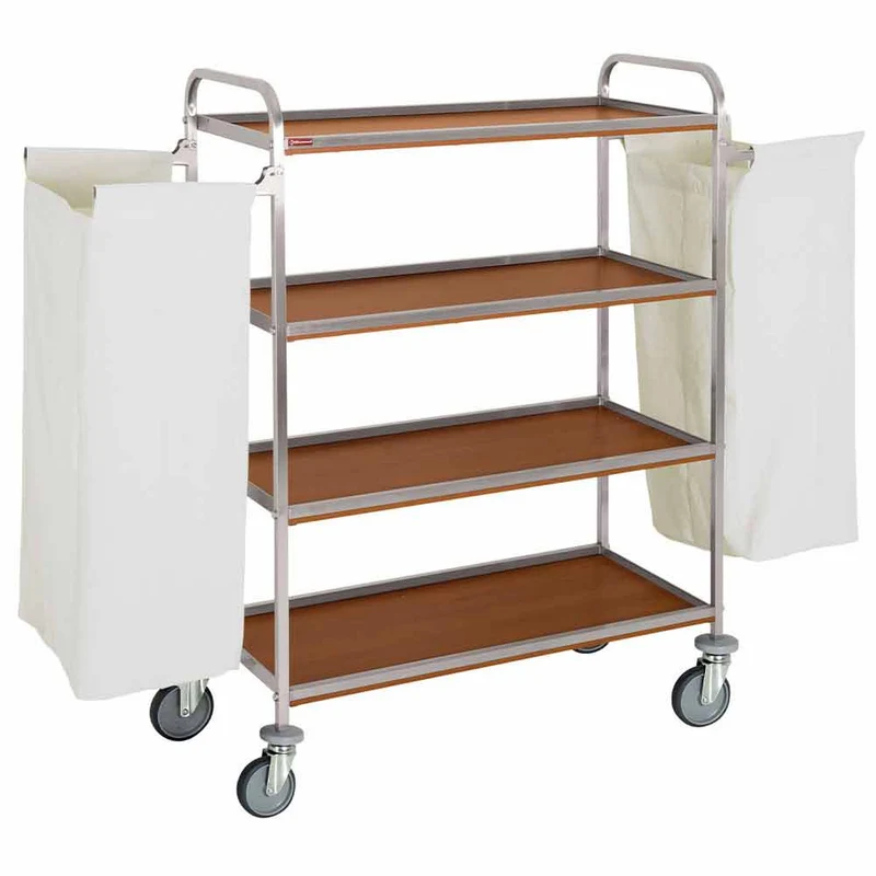 Housekeepingwagen Edelstahl mit 4 Böden & 2 Wäschesäcken , Eiche-Dekor dunkel, C2SL/1-NC